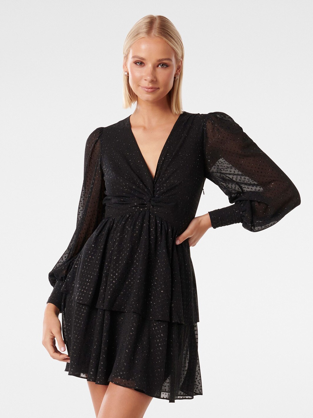 

Forever New Embellished Glitter Spot Layered Fit & Flare Mini Dress, Black