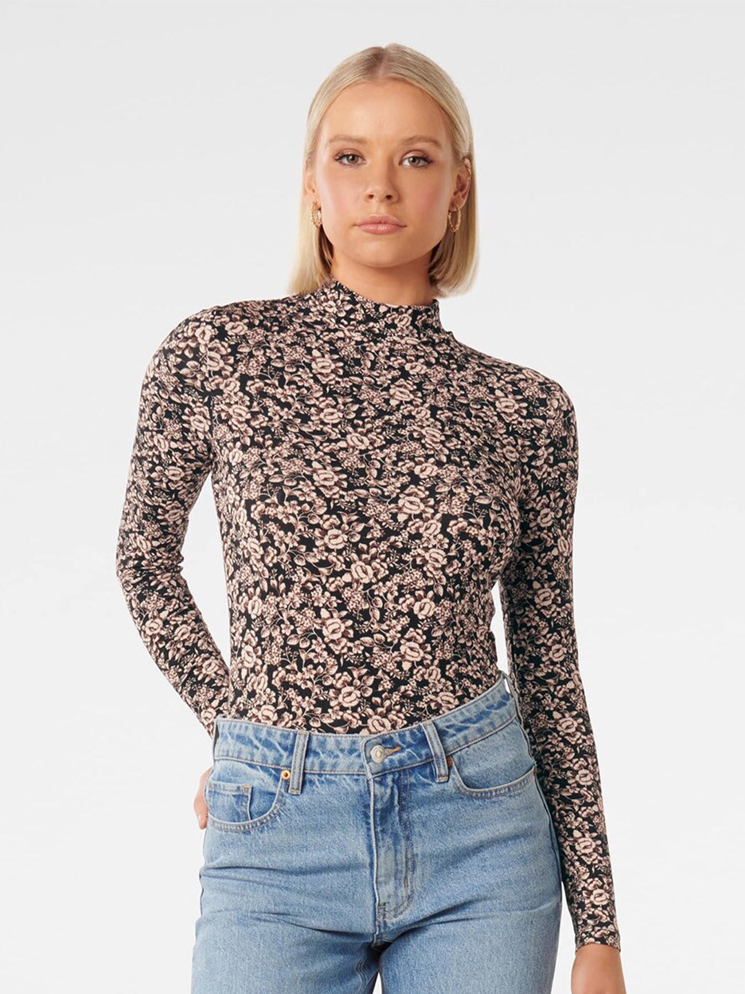 

Forever New Floral Printed High Neck Regular Top, Black
