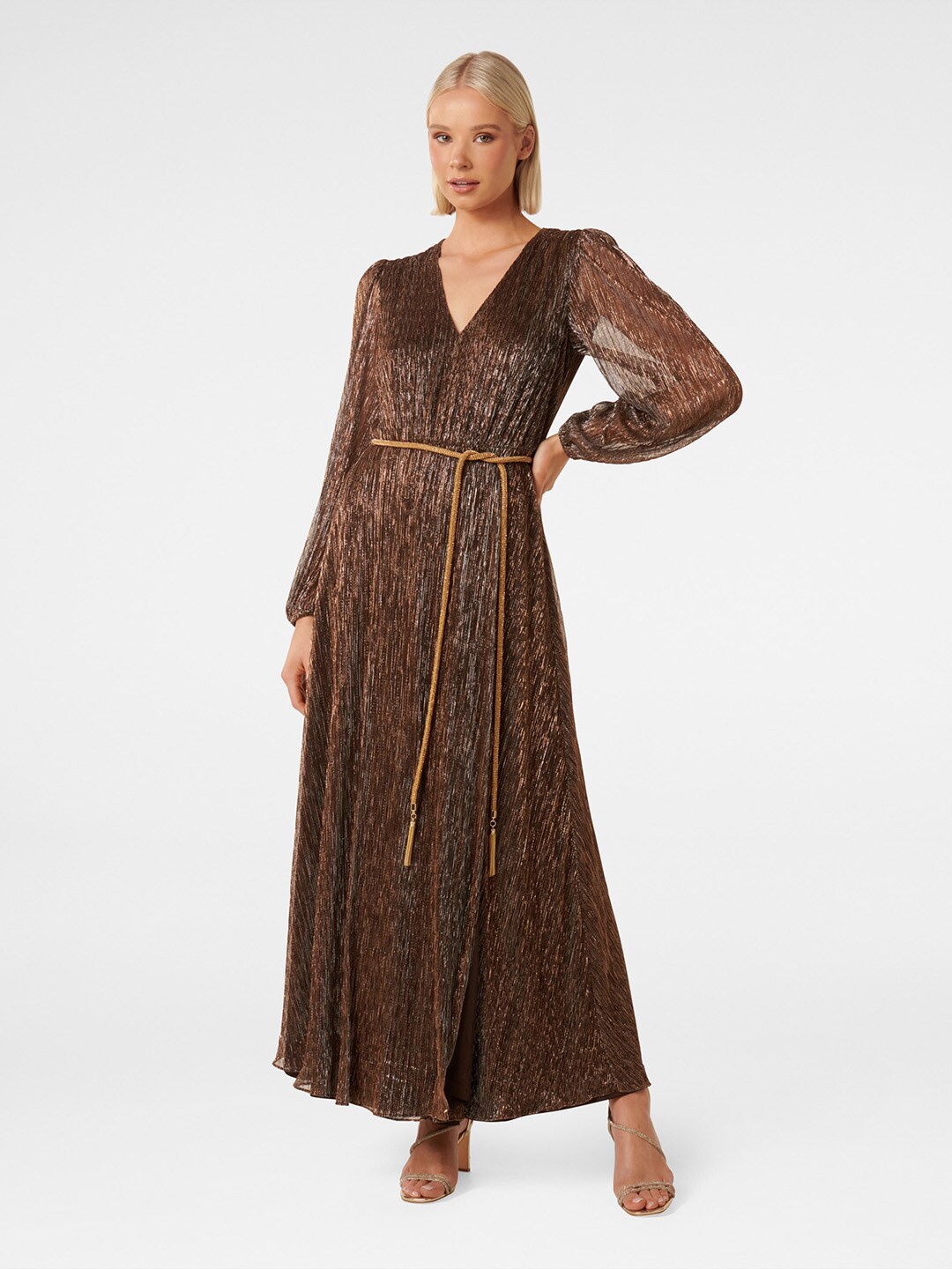 

Forever New Self Design V-Neck Belt Plisse Maxi Dress, Bronze