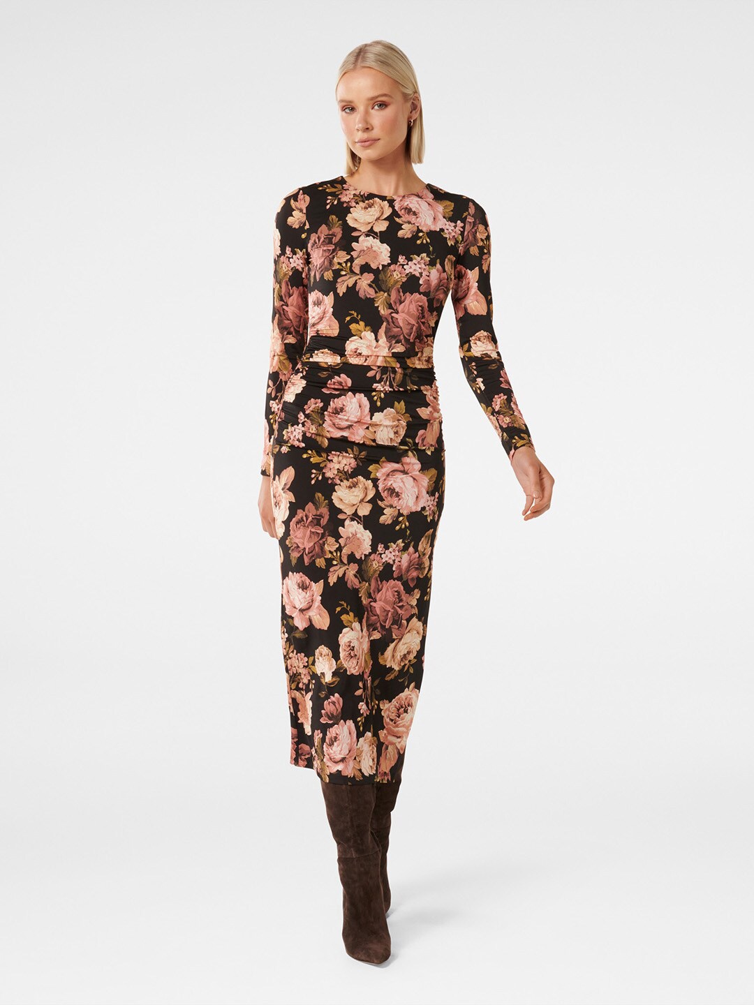 

Forever New Floral Printed Ruched Bodycon Midi Dress, Black