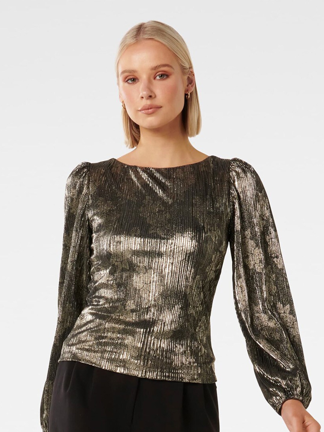 

Forever New Self Design Puff Sleeves Gathered Regular Top, Black