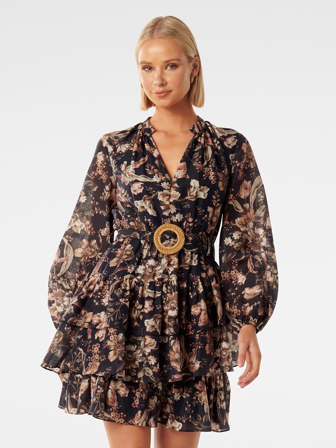 

Forever New Floral Printed Layered Fit & Flare Mini Dress, Black