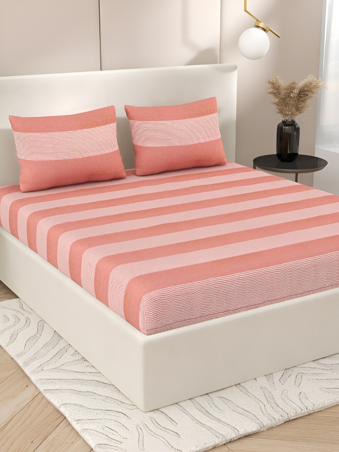 

Homez Sparrow Red & White Striped Cotton 210 TC King Bedsheet with 2 Pillow Covers