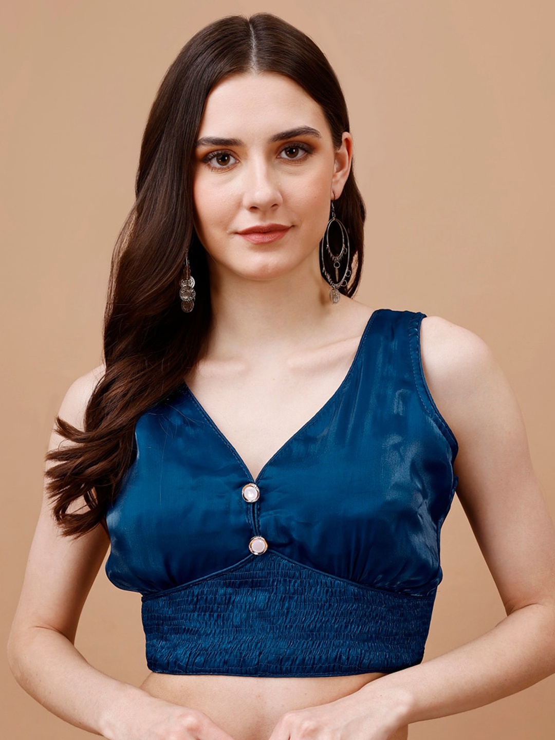 

Tikhi Imli V-Neck Sleeveless Organza Saree Blouse, Navy blue