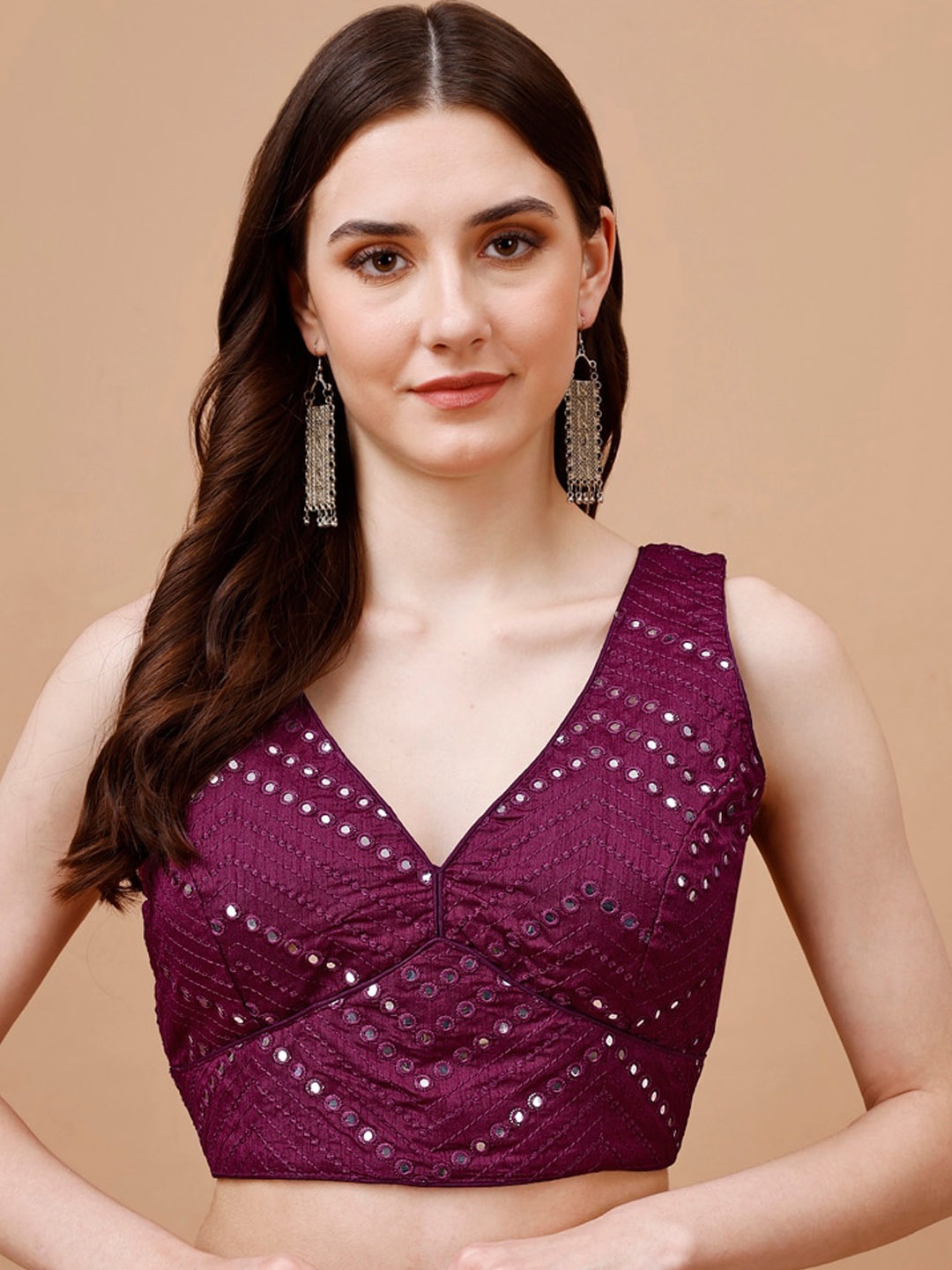 

Tikhi Imli Embroidered Mirror Work Dupion Saree Blouse, Maroon