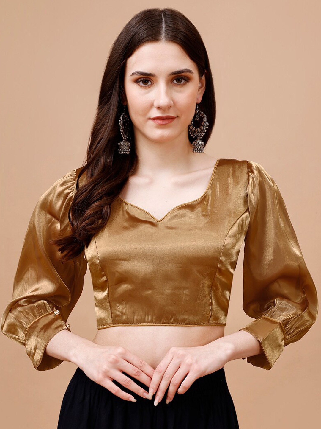 

Tikhi Imli Sweetheart Neck Three Quarter Sleeve Organza Saree Blouse, Brown