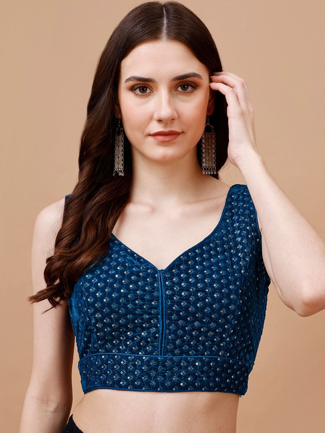 

Tikhi Imli Embroidered Sleeveless Velvet Saree Blouse, Navy blue