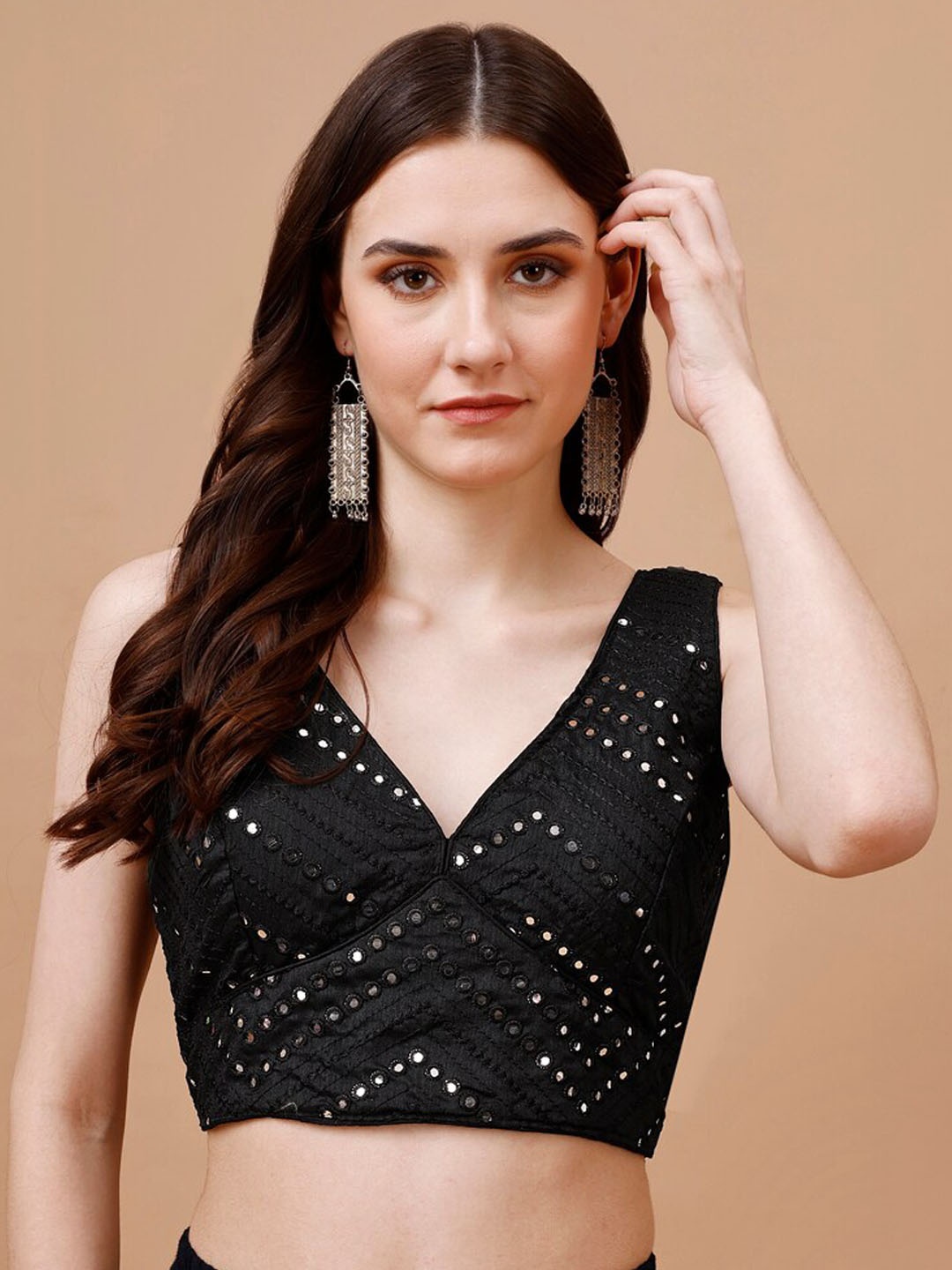 

Tikhi Imli Mirror Work Embellished Sleeveless Saree Blouse, Black