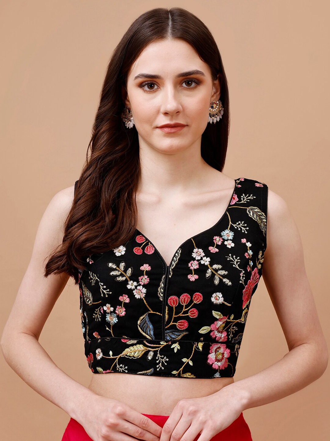 

Tikhi Imli Floral Embroidered Sequinned Georgette Saree Blouse, Black