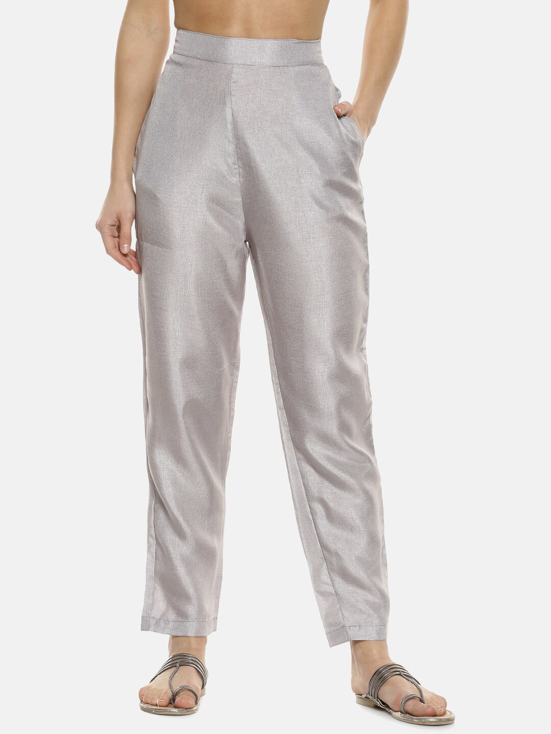 

Instafab Women Straight Fit Mid Rise Trousers, Silver
