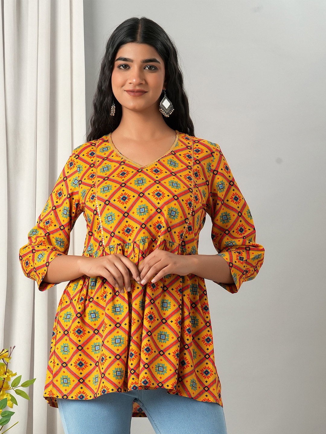 

HERE&NOW Ethnic Motifs Printed A-Line Kurti, Mustard