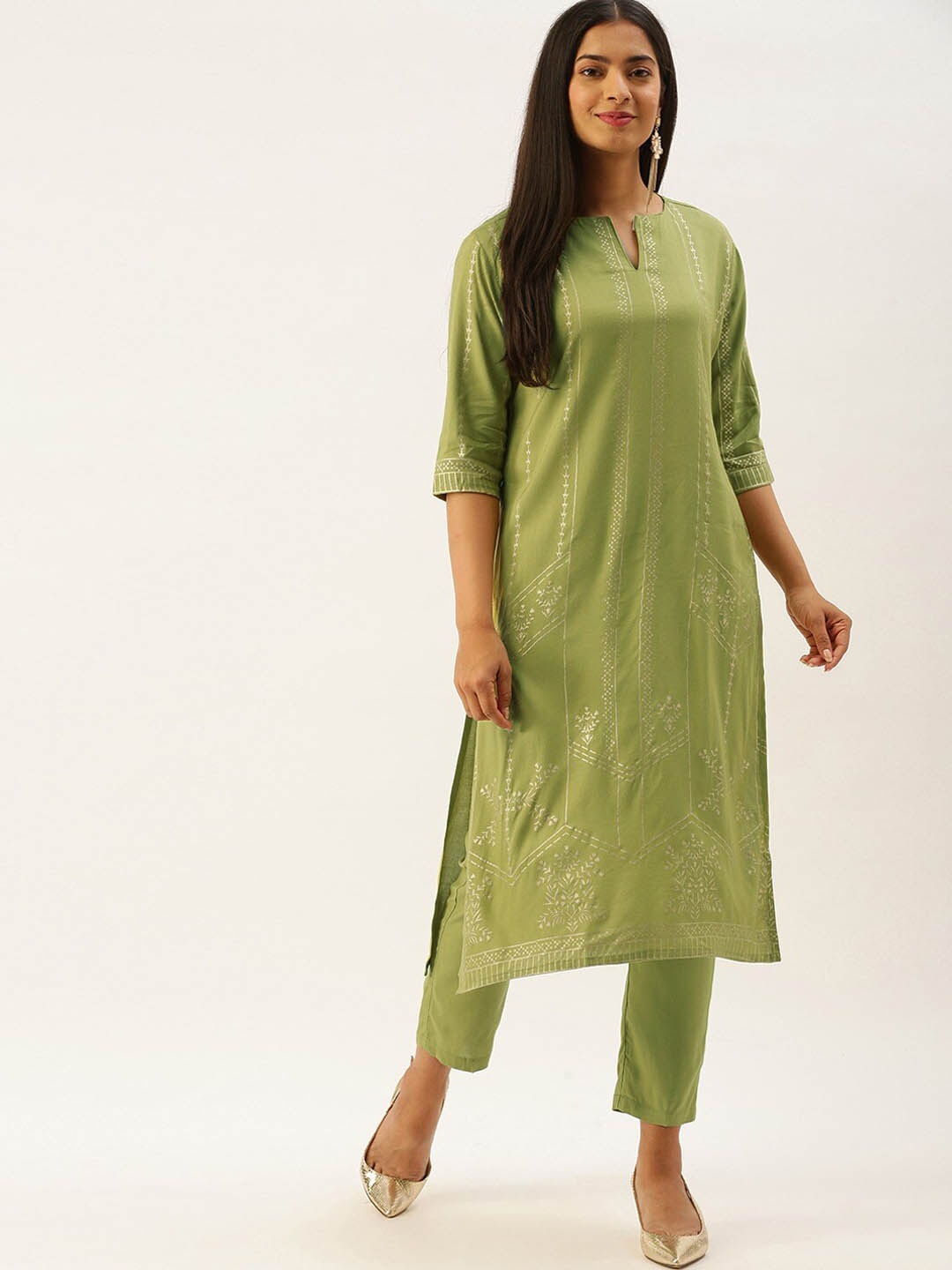 

Instafab Ethnic Motifs Printed Straight Kurta with Trousers, Green