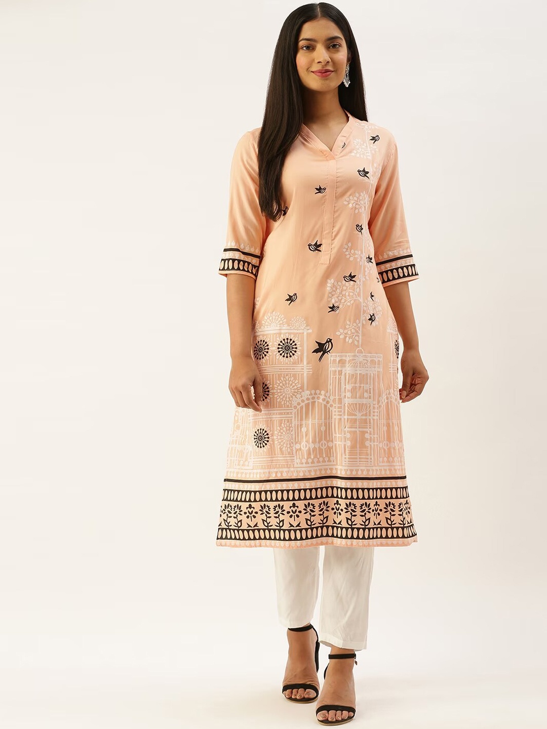 

Instafab Ethnic Motifs Printed V-Neck Straight Kurta with Trousers, Orange