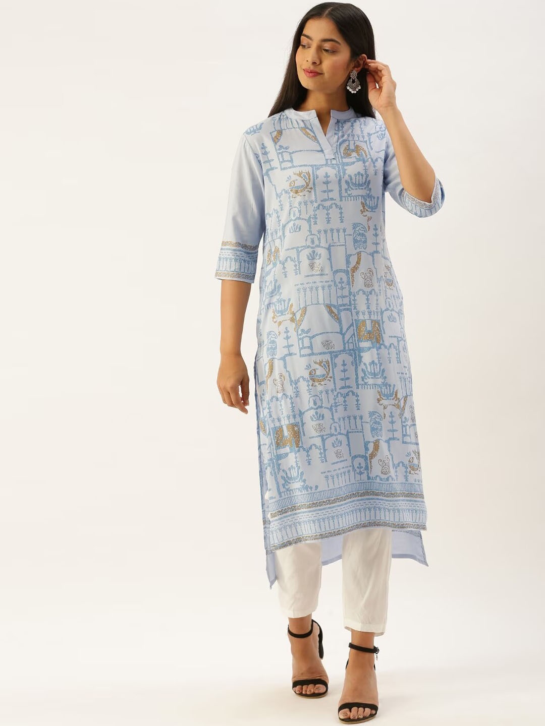 

Instafab Ethnic Motifs Printed Mandarin Collar High-Low Kurta with Trousers, Blue