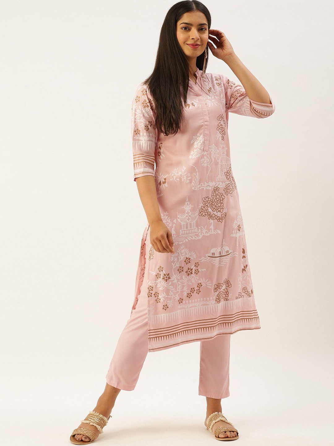 

Instafab Floral Printed Mandarin Collar Kurta With Trousers, Peach