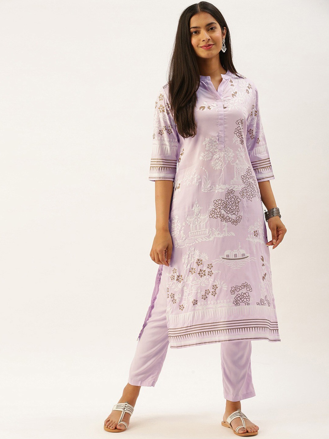 

Instafab Floral Printed Mandarin Collar Kurta With Trousers, Purple