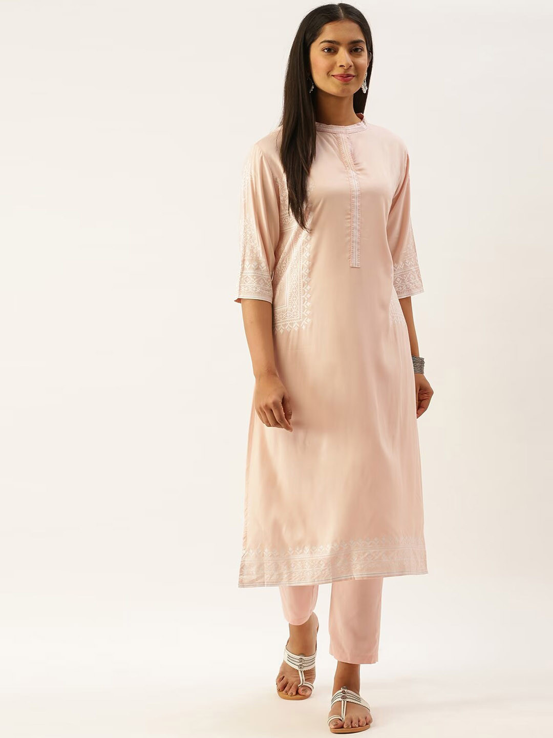 

Instafab Ethnic Motifs Printed Band Collar Kurta with Trousers, Peach