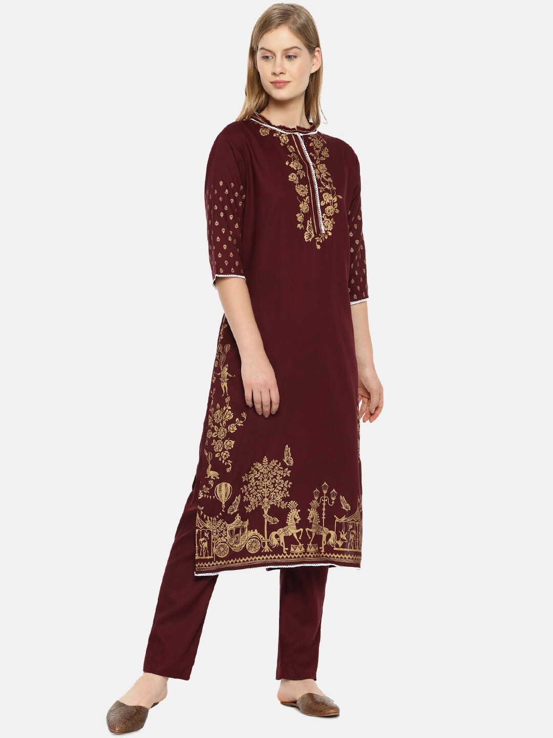 

Instafab Ethnic Motifs Foil Printed Kurta with Palazzos, Red