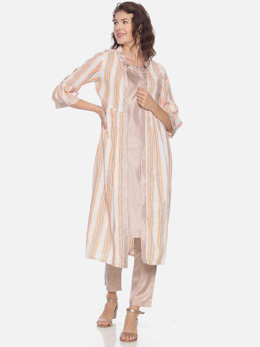 

Instafab Striped Kurta with Trousers & Jacket, Peach