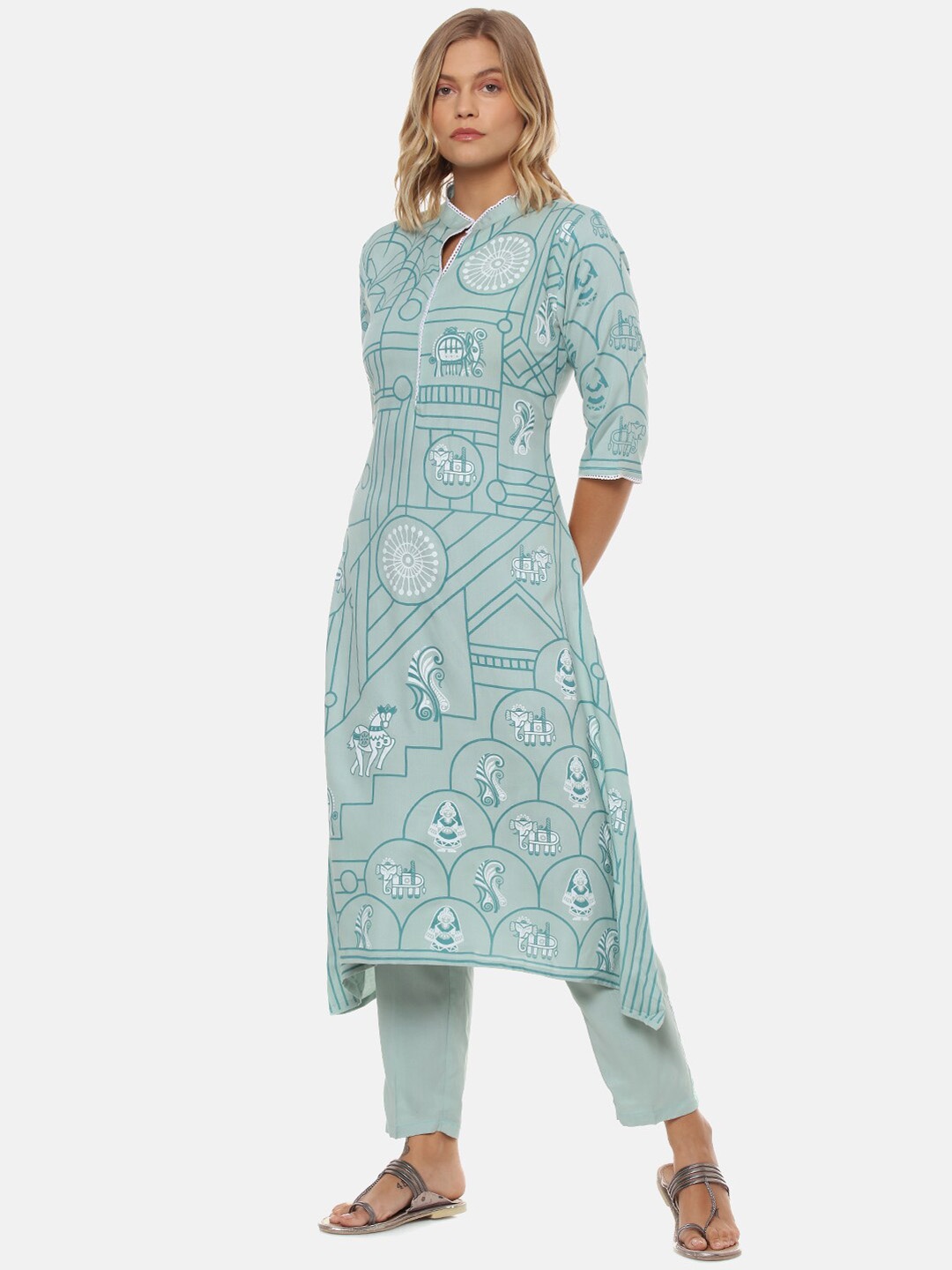 

Instafab Quirky Printed Kurta With Palazzos, Green