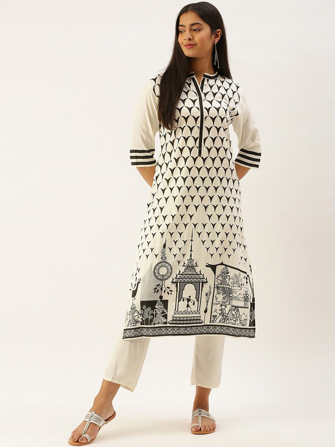 

Instafab Ethnic Motifs Printed Kurta With Trousers, White