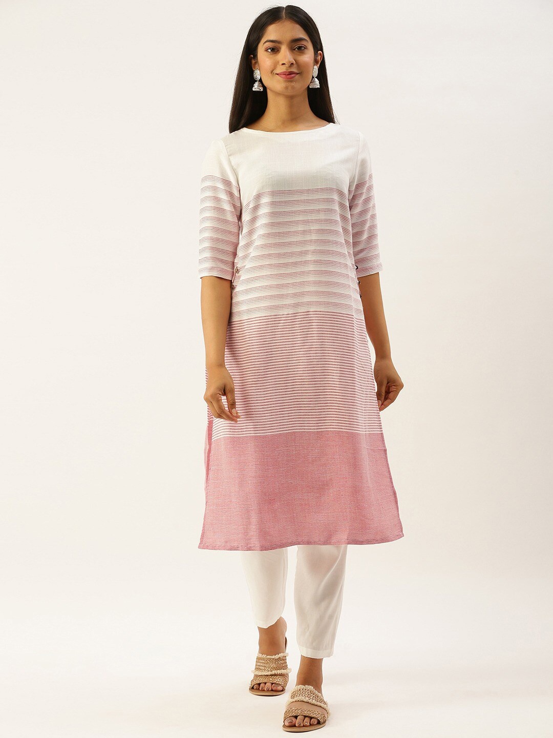 

Instafab Striped Boat Neck Straight Kurta, Pink