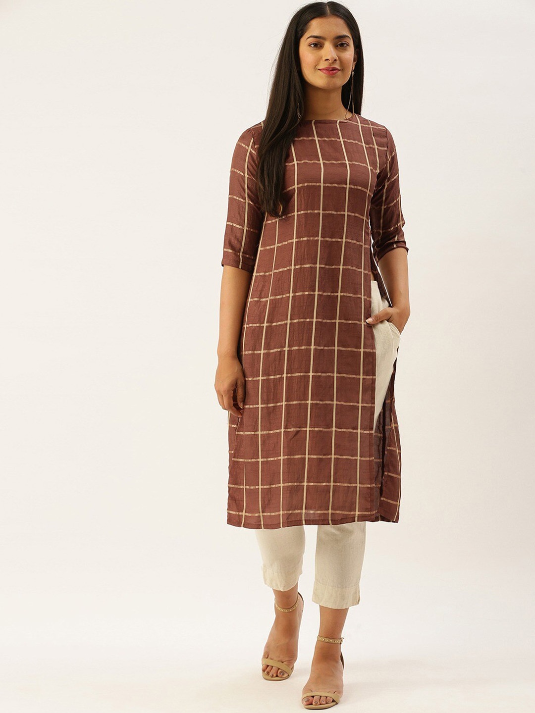 

Instafab Checked Round Neck A-Line Kurta, Brown