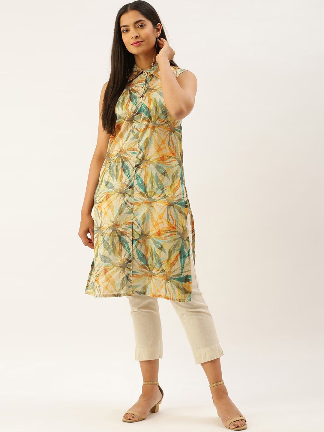 

Instafab Floral Printed Straight Kurta, Yellow