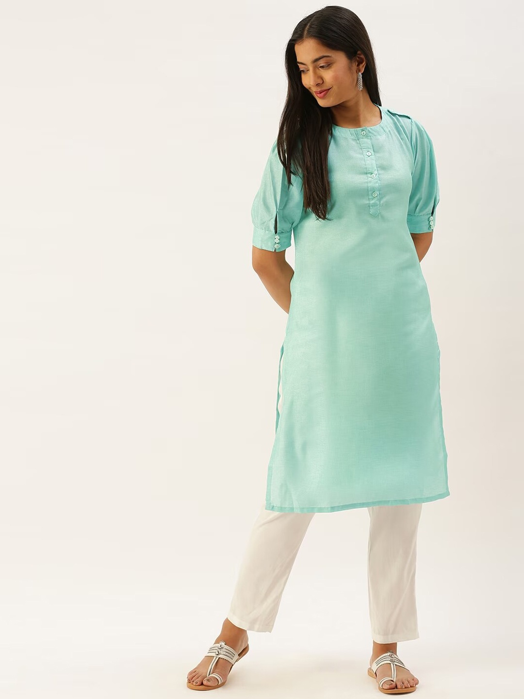 

Instafab Band Collar Puff Sleeves Straight Kurta, Green