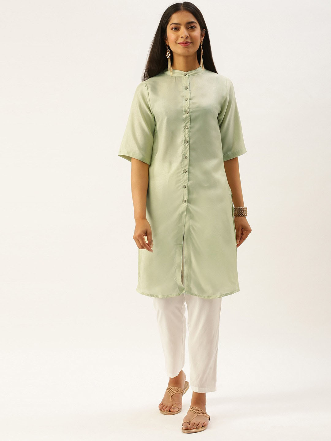 

Instafab Band Collar Straight Kurta, Green