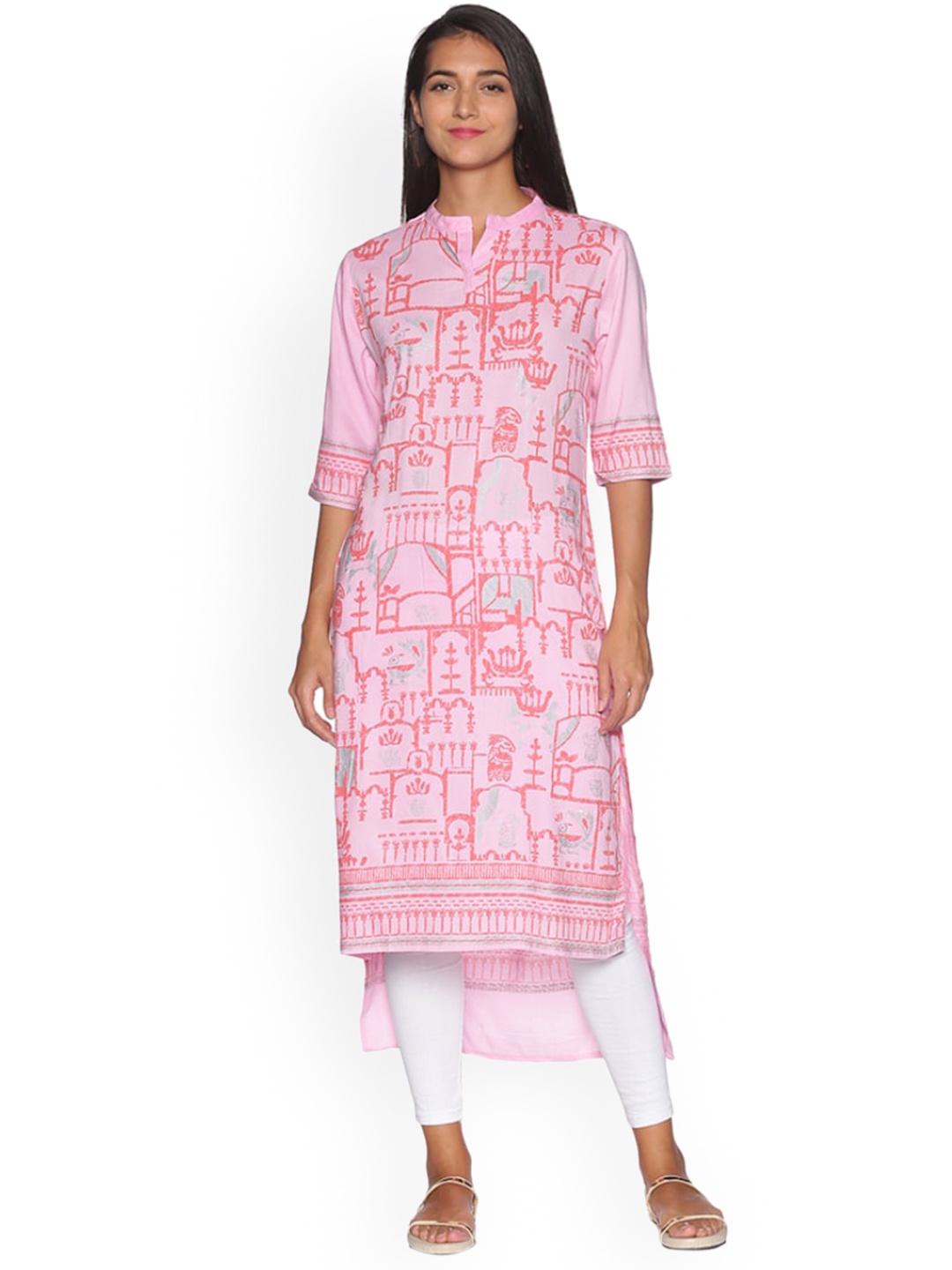 

Instafab Quirky Printed Mandarin Collar Straight Kurta, Pink