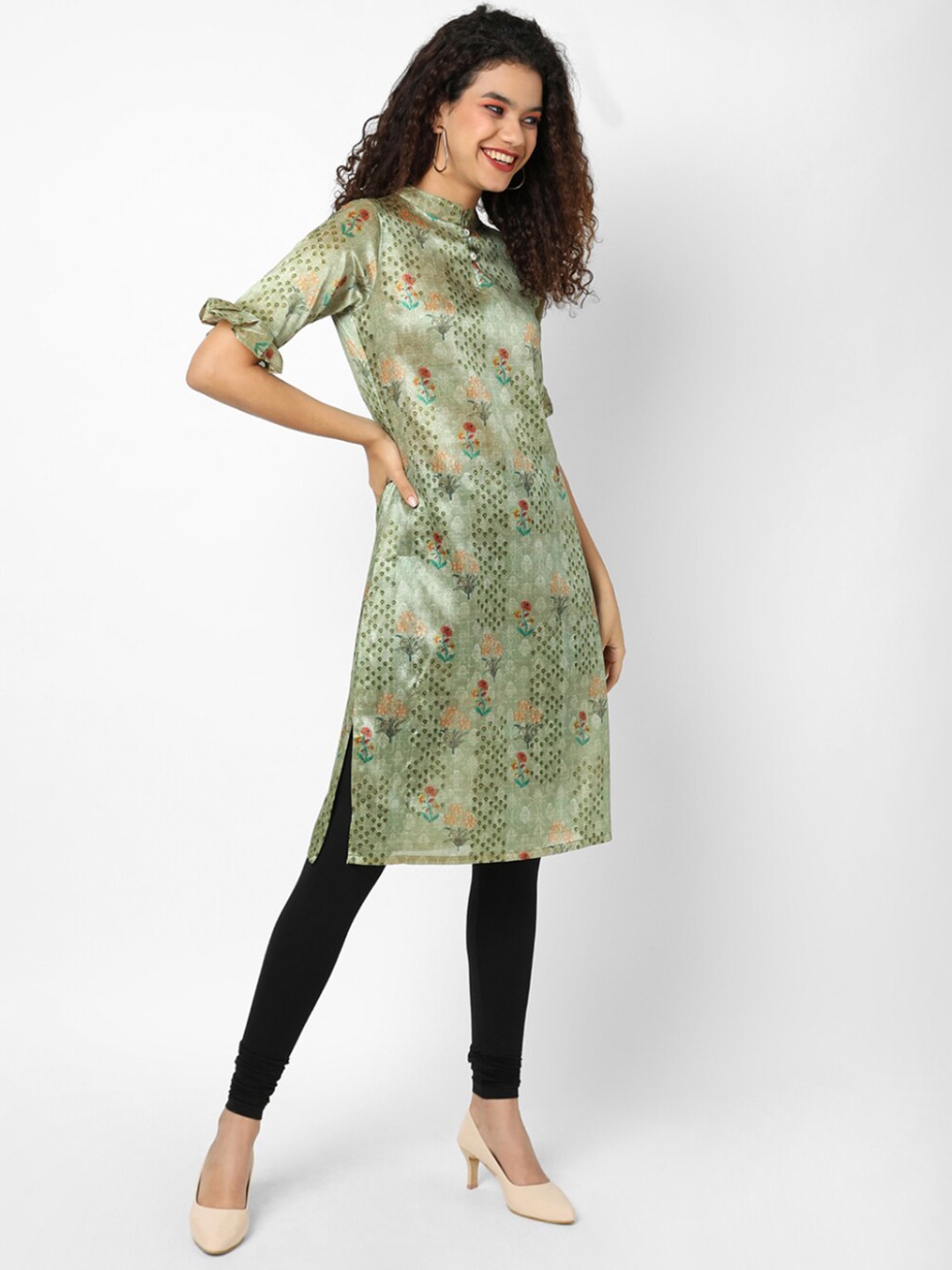 

Instafab Floral Printed Mandarin Collar Straight Kurta, Green