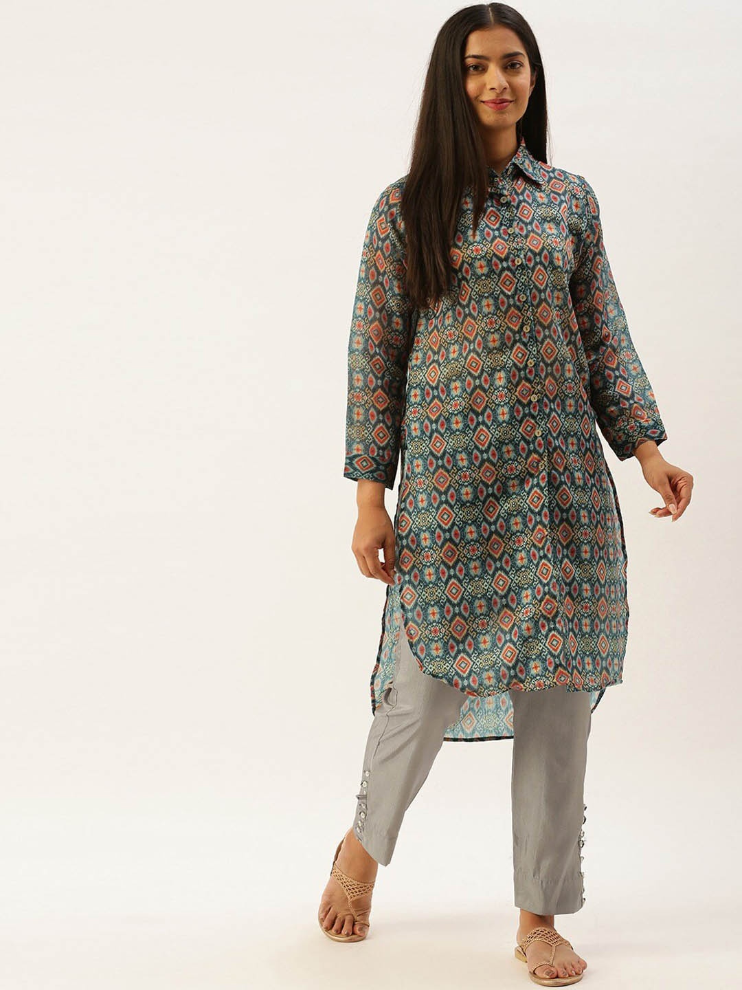 

Instafab Geometric Printed Shirt Collar High Low A-Line Kurta, Green
