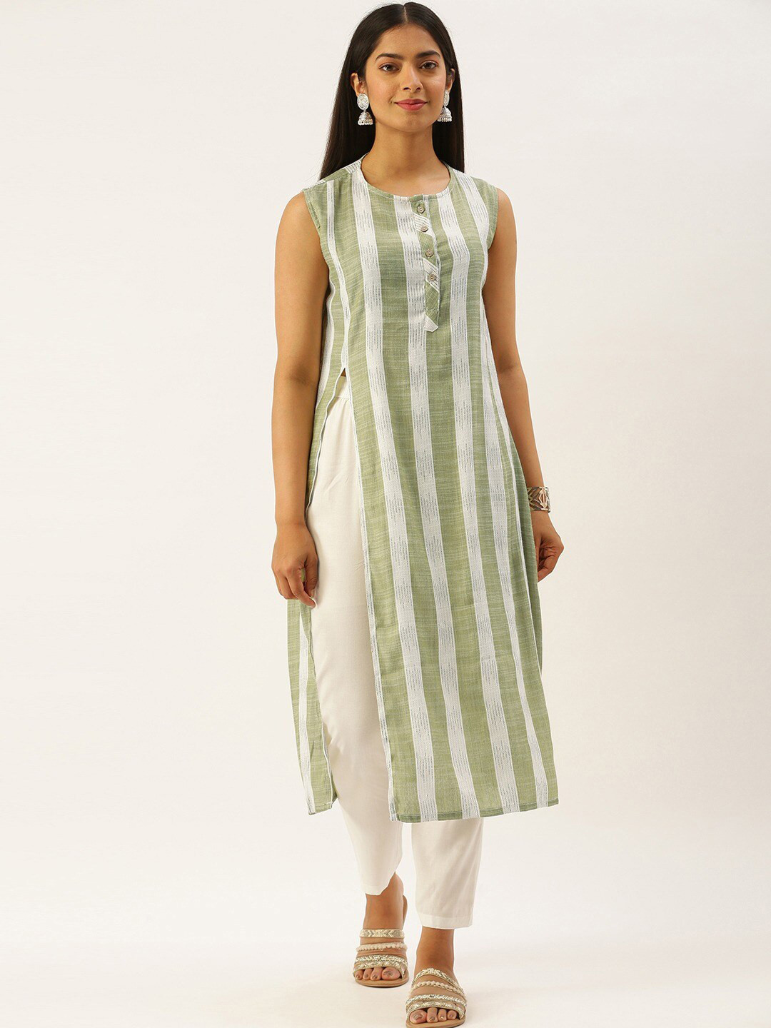 

Instafab Striped Sleeveless A-Line Kurta, Green