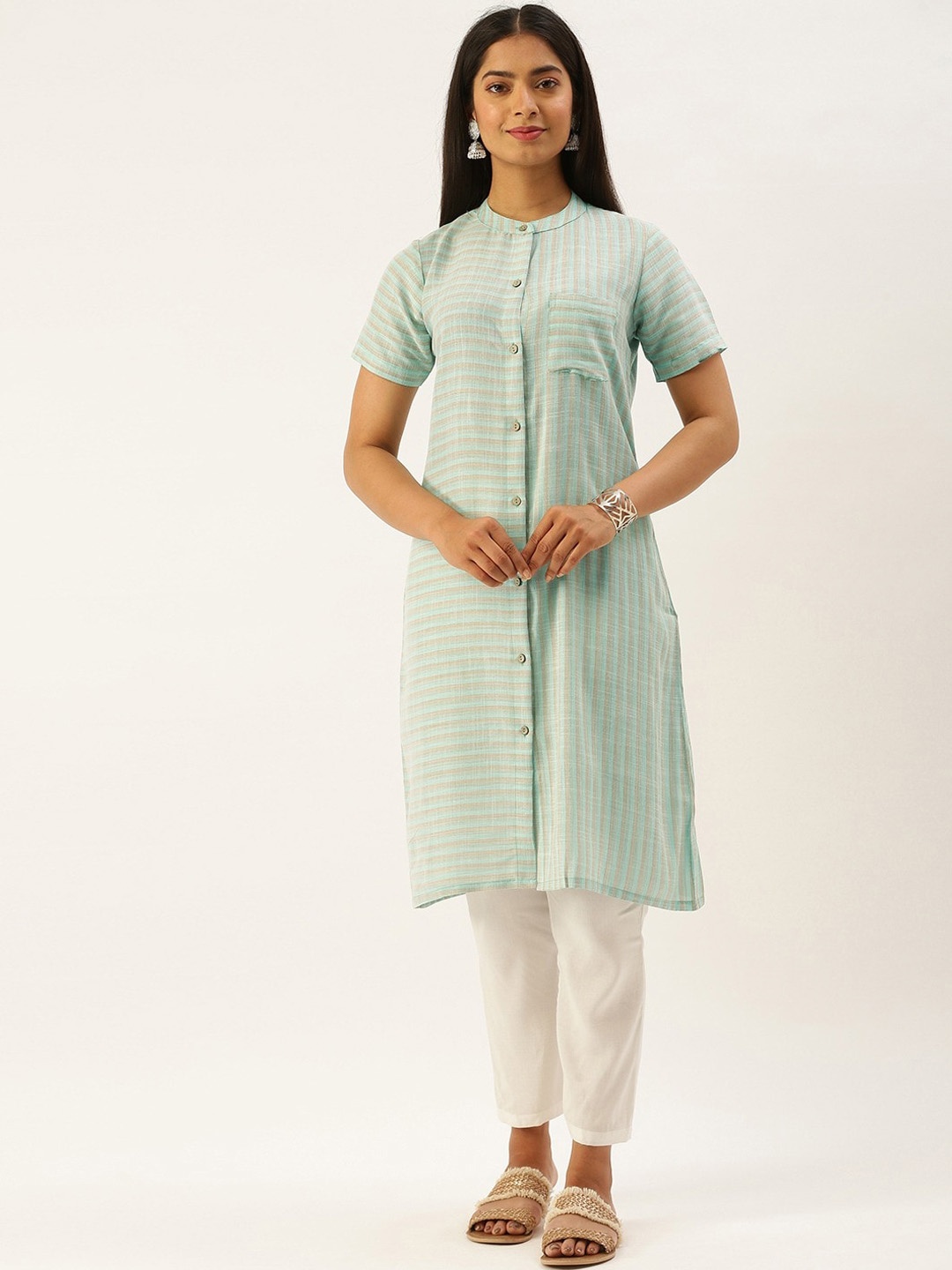 

Instafab Striped Band Collar Straight Kurta, Green