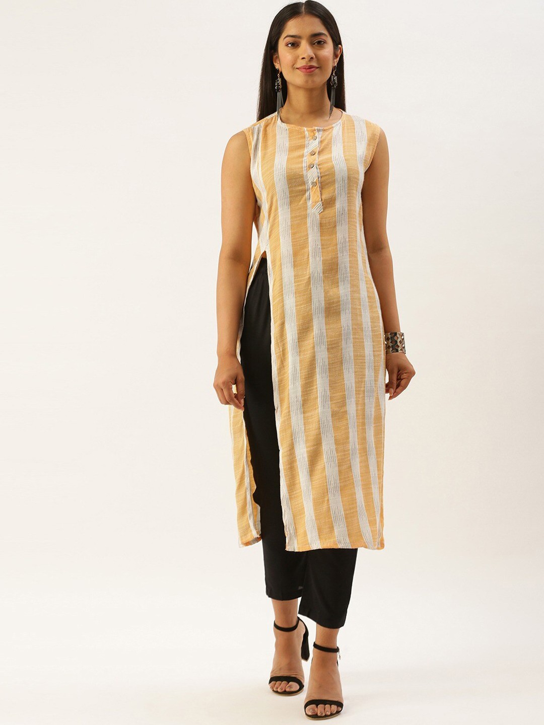 

Instafab Striped Round Neck Straight Kurta, Yellow