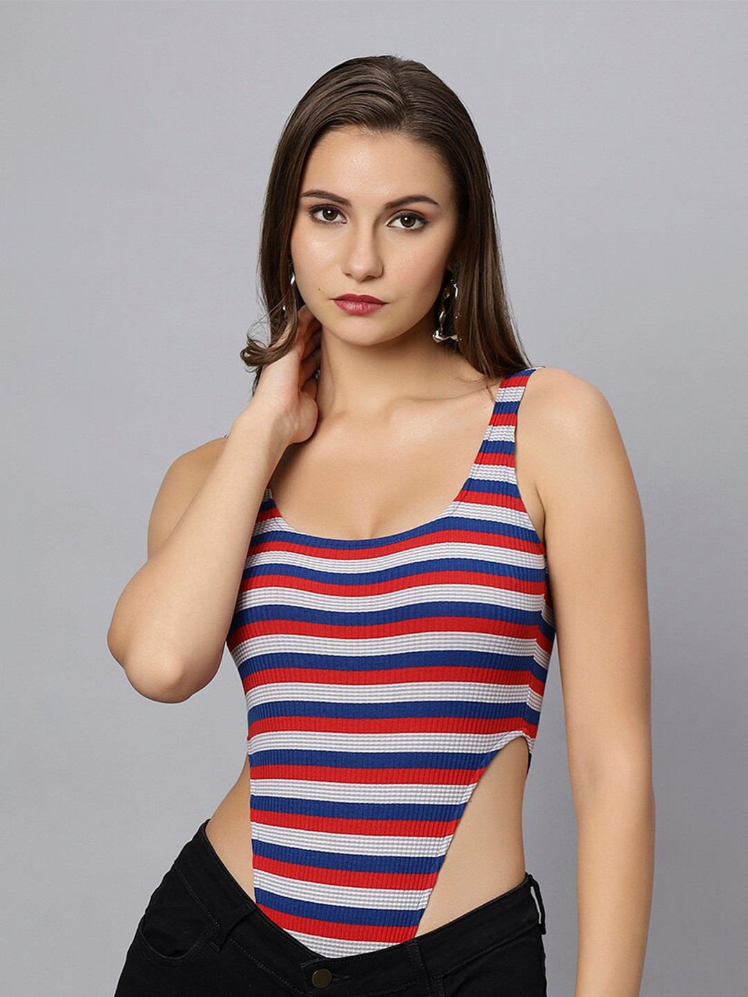 

Ashtag Striped Shoulder Straps Sleeveless Cotton Bodysuit, Red