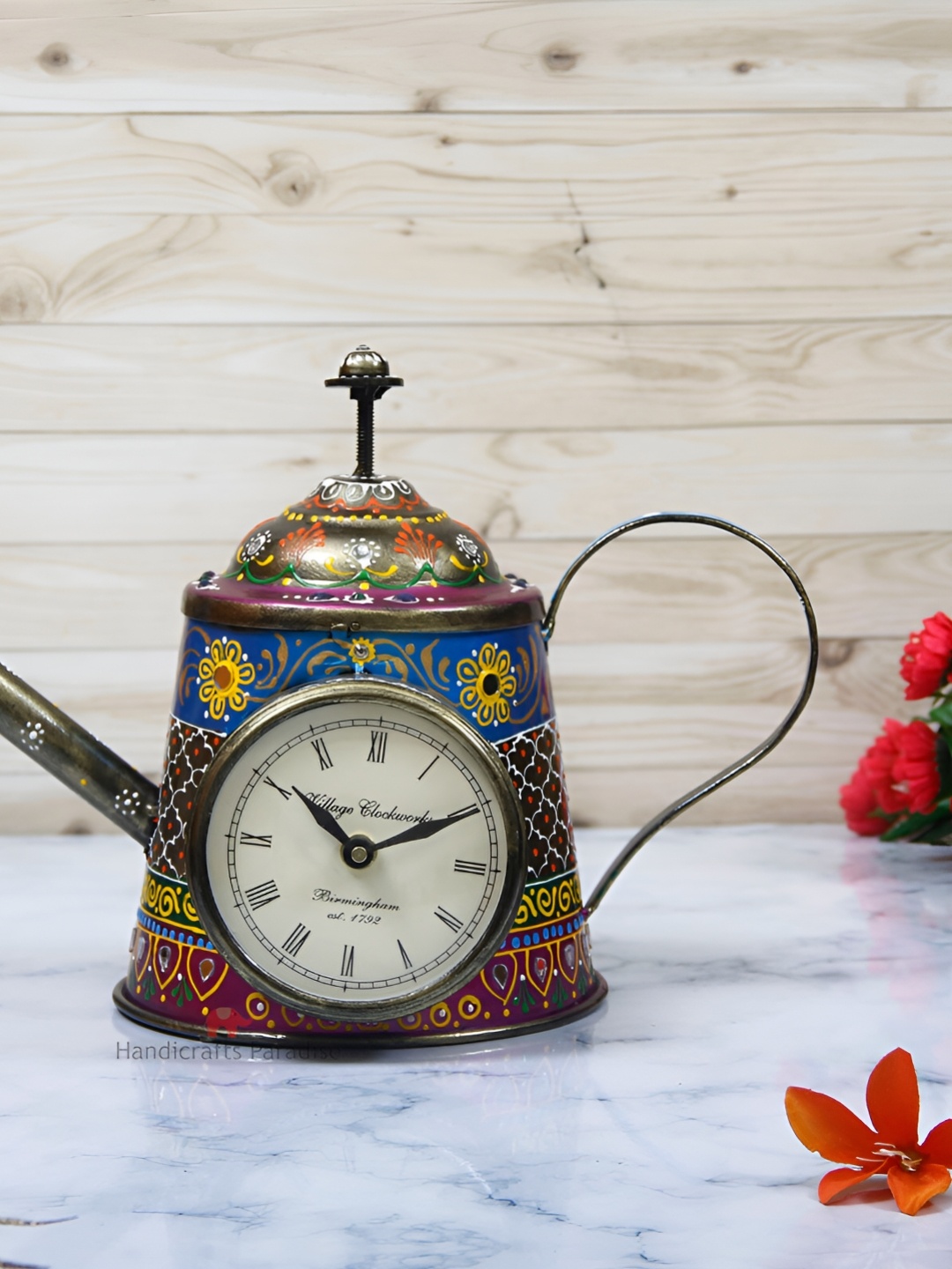 

HANDICRAFTS PARADISE Brown & Blue Metal Medium Table Clock Kettle Showpiece