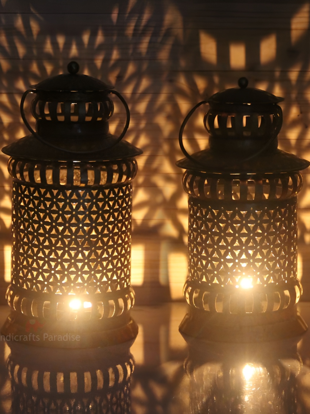 

HANDICRAFTS PARADISE Gold Toned 2 Pcs Lantern Shaped Cut Work Tealight Holder Showpieces