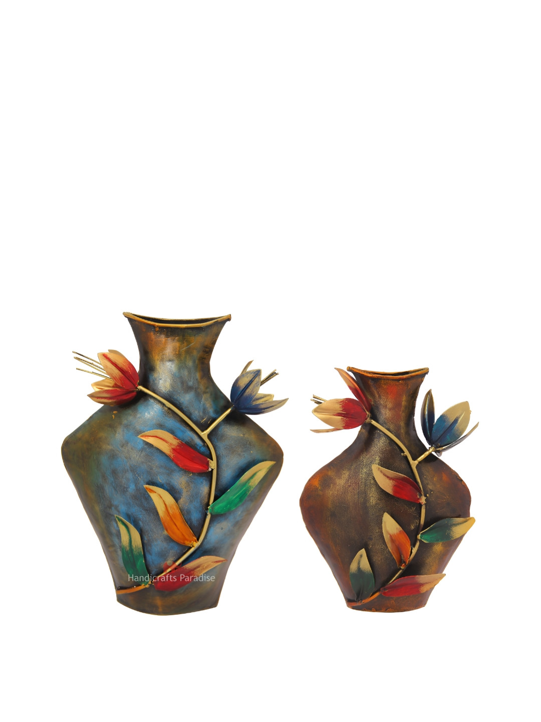 

HANDICRAFTS PARADISE Bronze & Blue 2 Pieces Metal Medium Iron Pot Showpieces