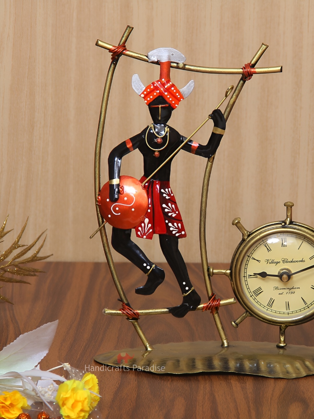 

HANDICRAFTS PARADISE Black & Red Krishna Table Clock Figurine Showpiece
