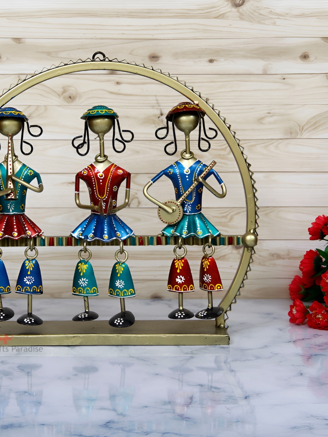 

HANDICRAFTS PARADISE Green & Red Metal Medium Girls Playing Music Seated Showpiece