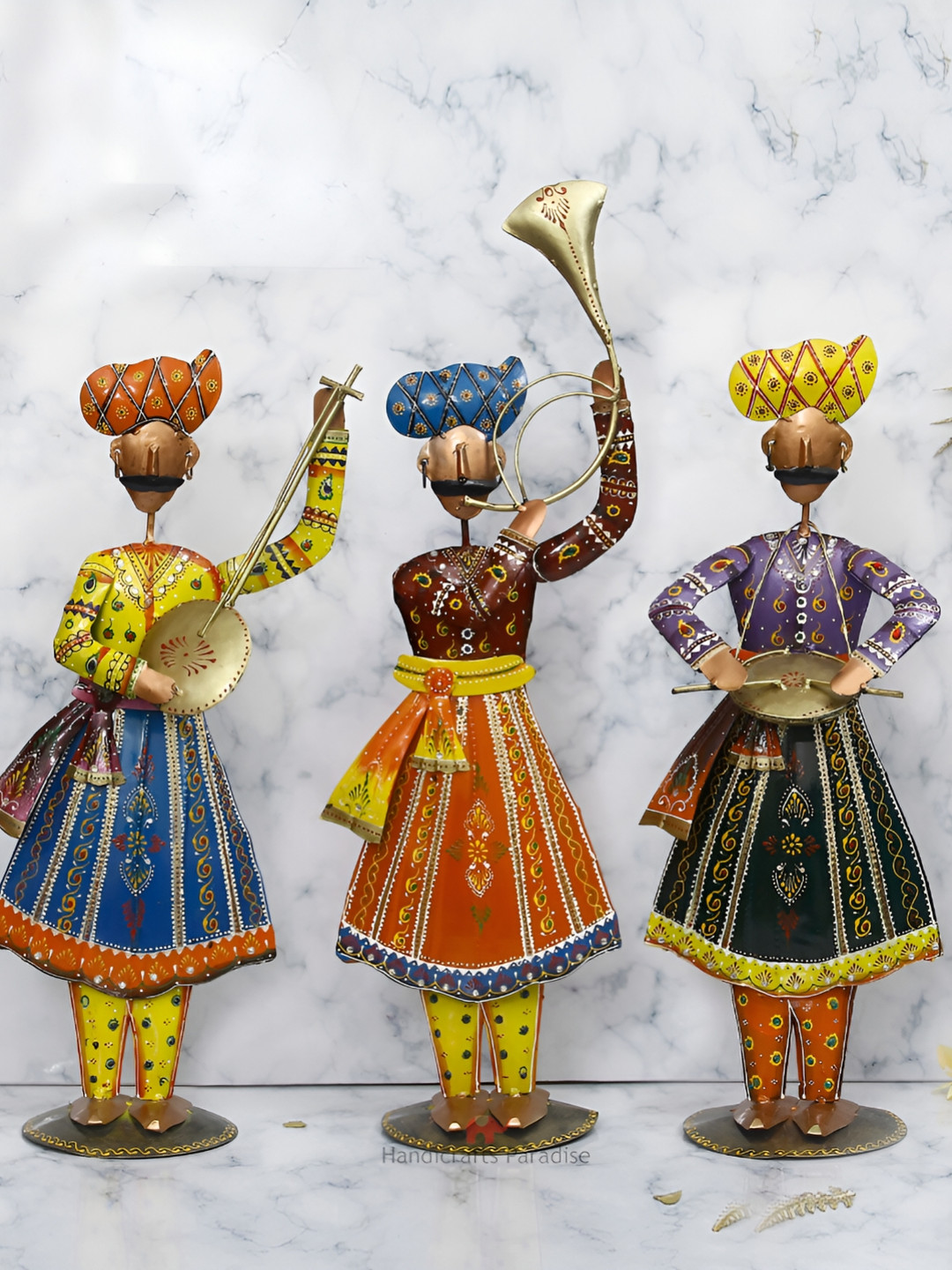 

HANDICRAFTS PARADISE Yellow Maroon 3 Pieces Rajasthani Band Figurine Showpieces