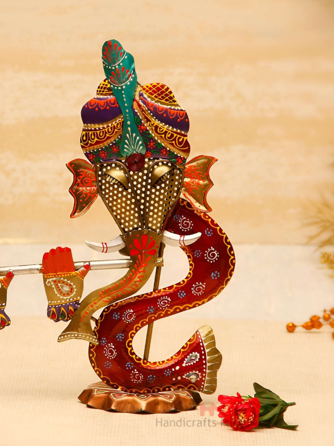 

HANDICRAFTS PARADISE Gold Toned & Orange Metal Medium Iron Cut Work Ganesha Showpiece