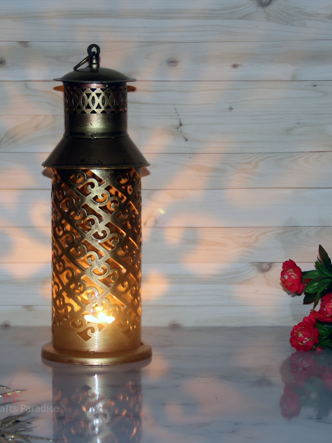 

HANDICRAFTS PARADISE Gold Toned Cylinderical Shape Tealight Holder Showpiece