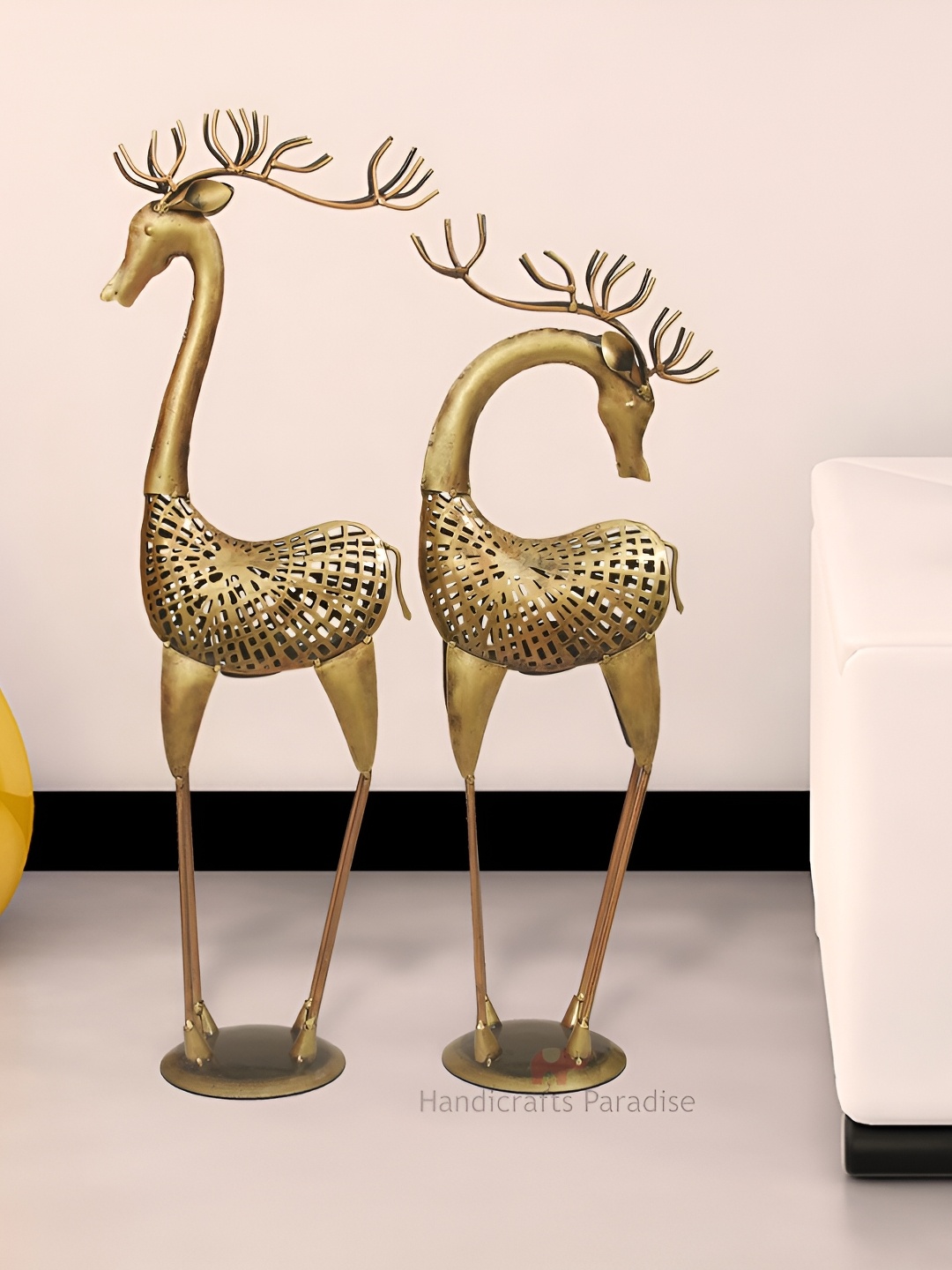

HANDICRAFTS PARADISE Gold-Toned 2 Pieces Tea Light Deer Figurine Showpiece