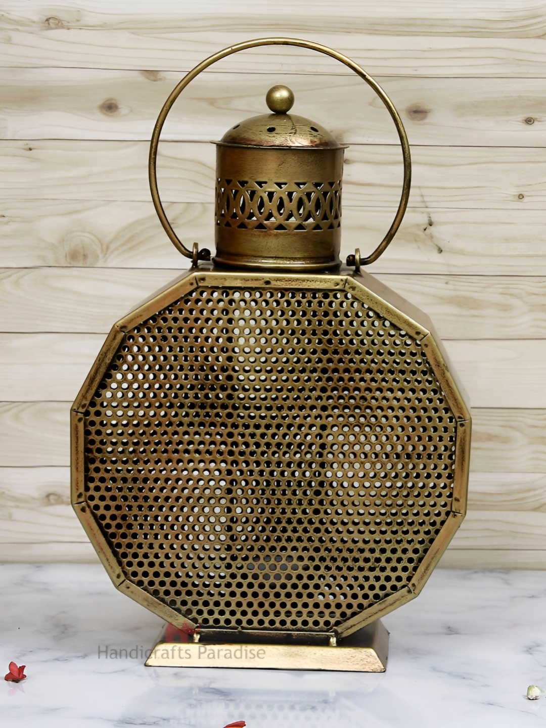 

HANDICRAFTS PARADISE Gold Toned Lantern Shaped Tealight Holder Showpiece
