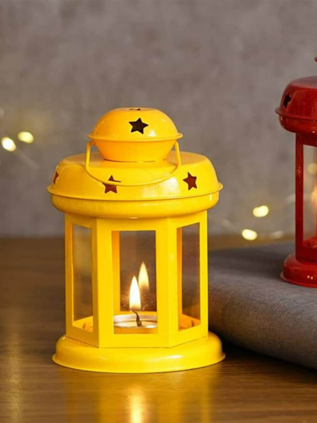 

AuraDecor Yellow Textured Cylindrical Metal Hanging Lantern Candle Holder