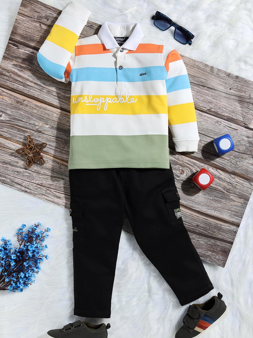 

Toonyport Boys Striped Long Sleeves T-shirt with Denim Trousers, White