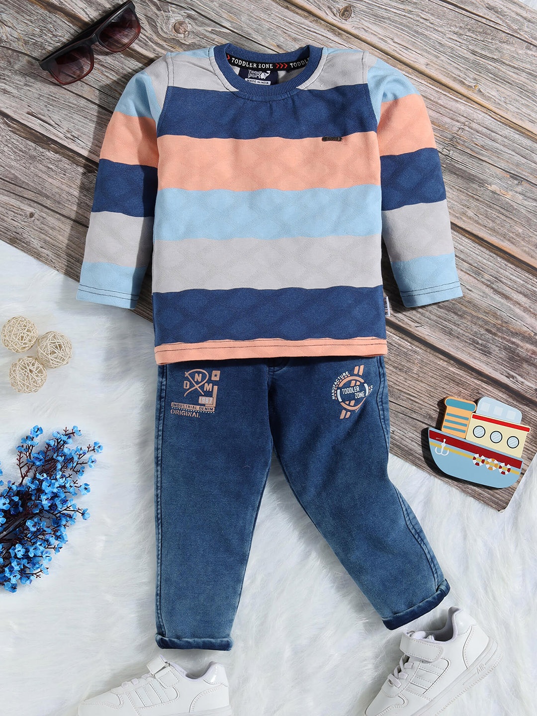 

Toonyport Boys Striped Long Sleeves T-shirt with Denim Trousers, Blue